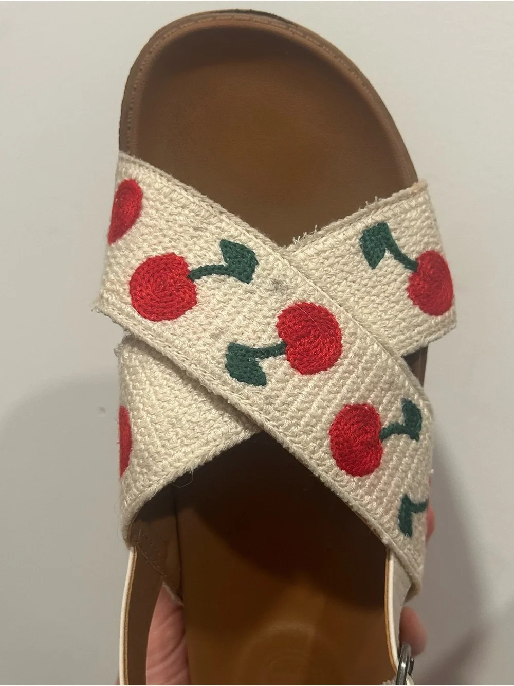 Cream Cherry Print Embroidered CrossStrap Sandals Y2K Cottagecore Girls Size 3 🍒